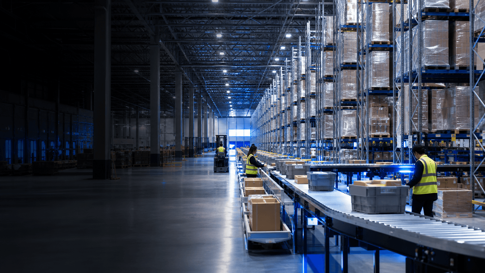 Modern warehouse fulfillment operation with racking, parcels and logistics workflow